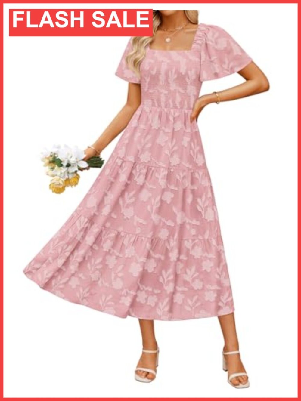 Square Neck Floral Midi Dress Boho Wedding Guest